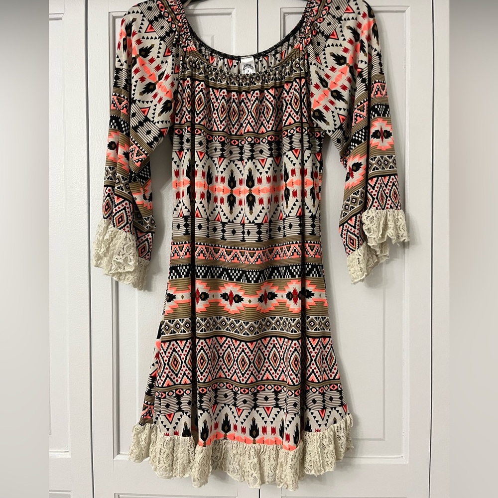Bohemian Patterned Dress with Lace Trim